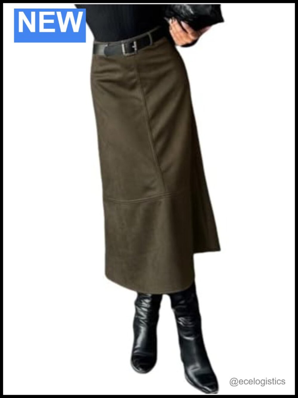 Women Faux Suede Leather Midi A-Line Skirt High Waist Patchwork Fall Winter
